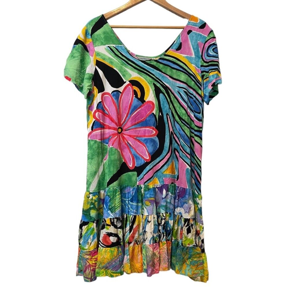 Vintage 90s Jams World Hawaiian XL Floral Print Hattie Dress Tiered Ruffled 80s